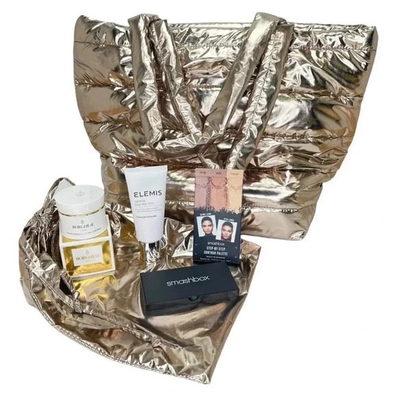 Macy's Other - 5 Piece Gold Quilted Puffer Tote Womens Skin Care Set - Elemis Smashbox Borghese